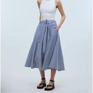 NWT Madewell Striped Midi Skirt Belted Waist Blue White Cotton Poplin Pockets 4